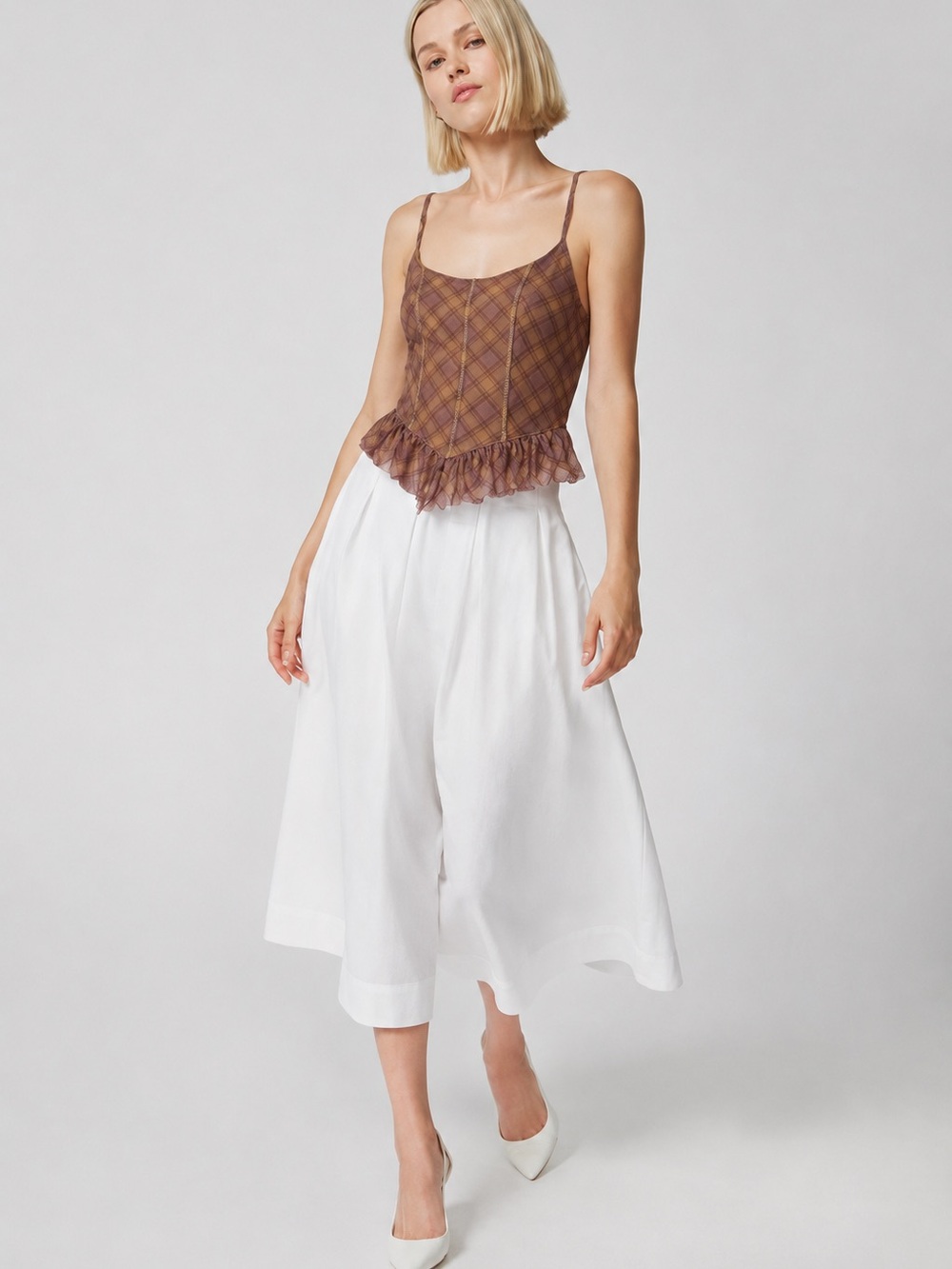 Urban Outfitters Kimchi Blue Jadeline Brown Plaid Ruffle Mesh Cami